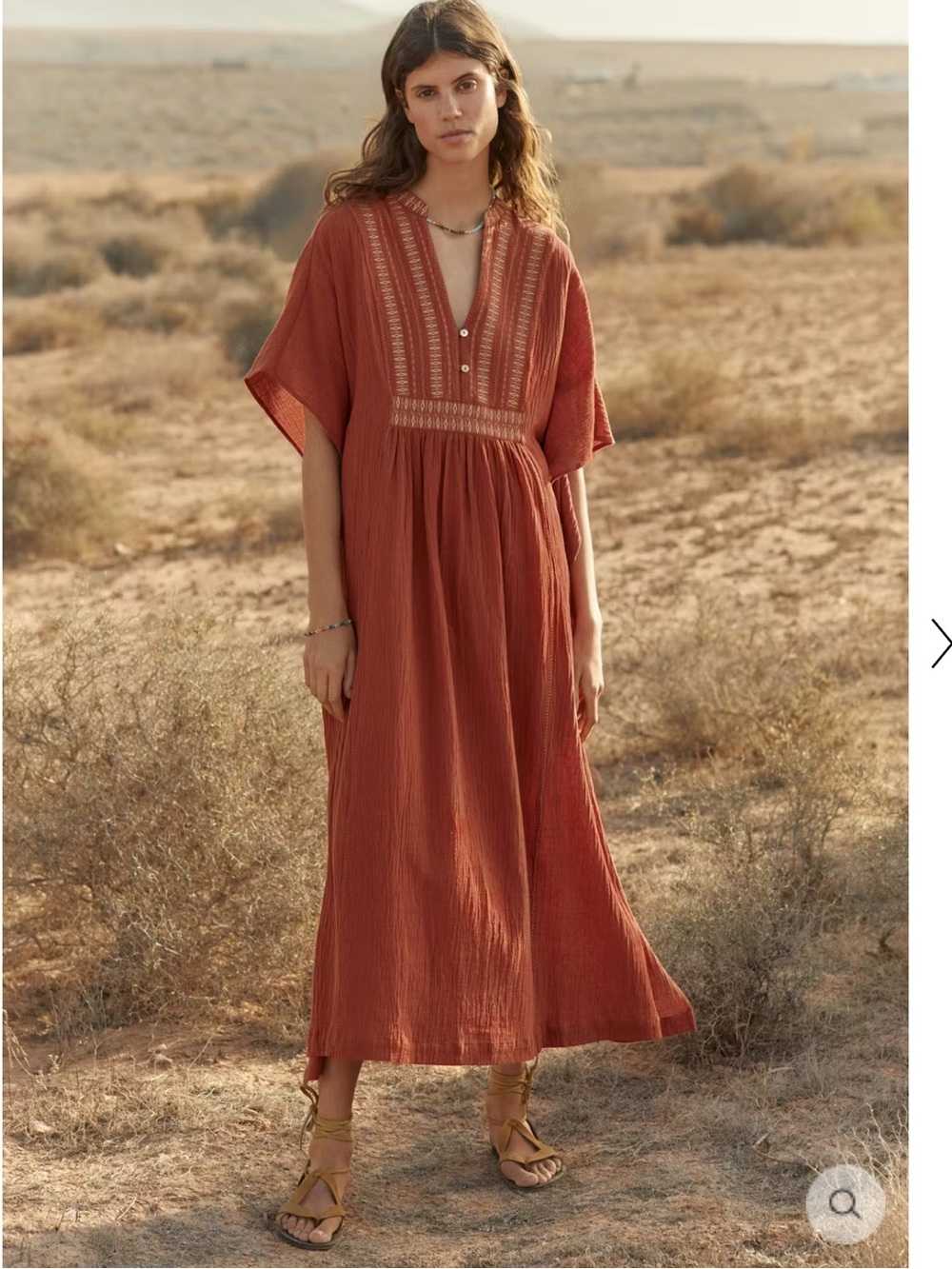 Wrap London Embroidered Caftan Cotton Linen Blend Dress in Terracotta